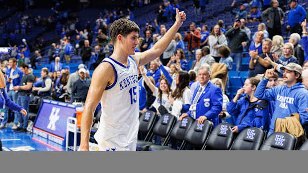 Nov 28, 2023; Lexington, Kentucky, USA; Kentucky Wildcats guard Reed Sheppard (15) gives a thumbs up to the crowd after the game against the Miami (Fl) Hurricanes at Rupp Arena at Central Bank Center. Mandatory Credit: Jordan Prather-USA TODAY Sports